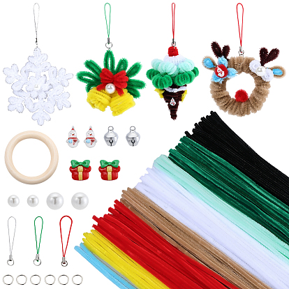 Набор для изготовления украшений на рождественскую тематику, включая очистители труб, деревянные кольца связывая, алюминиевый Белл подвески, пластиковые жемчужные бисера, Кабошоны из смолы, медные кольца, ремешки из полиэстера