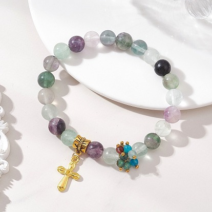Браслеты с подвесками в виде крестов из религиозного сплава, Эластичные браслеты из натурального агата и флюорита с круглыми бусинами для женщин.