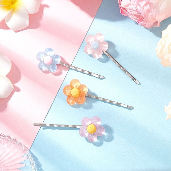 Шпильки для волос из смоляных цветов, с фурнитурой в виде железных шпилек для волос и кабошонами из полупрозрачной смолы