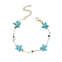 3Pcs 3 Color Glass Evil Eye & Synthetic Turquoise Starfish Link Chain Bracelets Set, Brass Stackable Bracelets