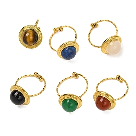 Round Natural Gemstone Finger Rings, Golden Tone 304 Stainless Steel Cuff Rings for Women