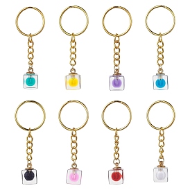 8 Pcs Cube Transparent Plastic Pendants Keychains, with Iron Split Key Rings