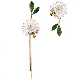 Daisy & Bee Enamel Asymmetric Earrings, Golden Alloy Long Tassel Dangle Stud Earrings for Women