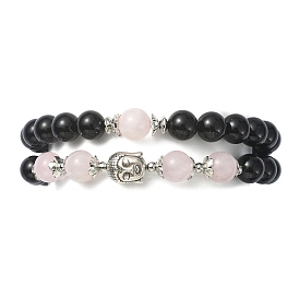 Natural Black Onyx Beaded Warp Bracelets for Women, with Natural Rose Quartz Beads and Alloy Buddha Beads