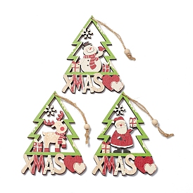 Christmas Wooden Pendant Decorations, with Jute Rope, Christmas Trees with Snowman/Deer/Santa Claus