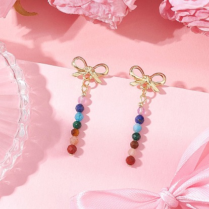 Серьги-гвоздики с бантом из сплава чакра, с природными драгоценный камень бисером