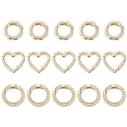 15 шт 3 стили пружинные кольца из цинкового сплава, с акриловыми стразами