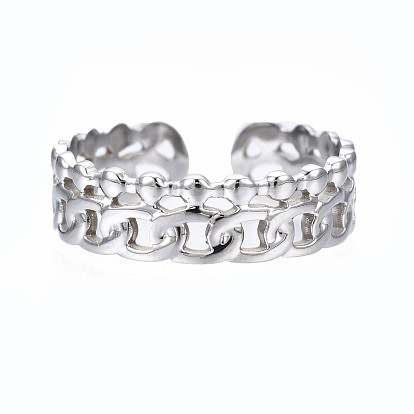 304 Stainless Steel Curb Chain Open Cuff Ring, Hollow Chunky Ring for Women