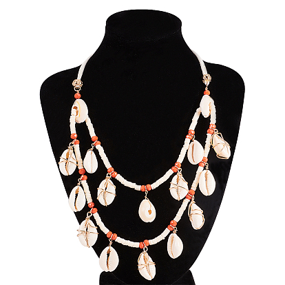 Bohemian Style Bib Necklaces, with Cowrie Shell,  Brass Findings and Jewelry Cardboard Boxes