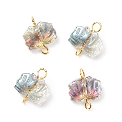 Electroplate Glass Connector Charms, with Golden Tone Brass Double Loops, Lotus Flower