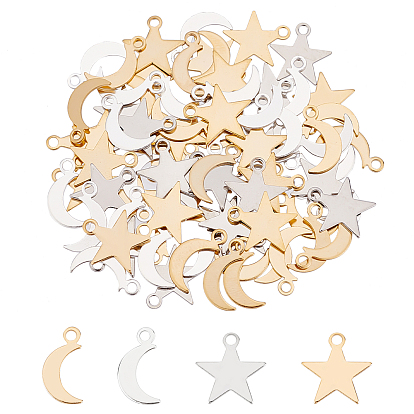 80Pcs 4 Style Brass Charms, Star & Moon