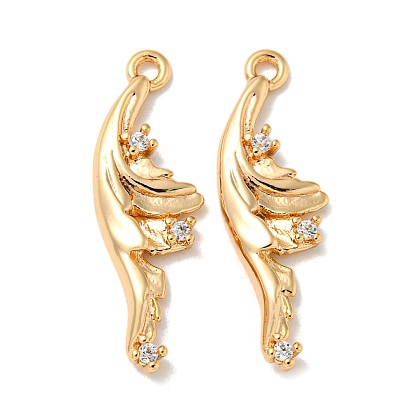 Brass Micro Pave Clear Cubic Zirconia Pendants, Cadmium Free & Nickel Free & Lead Free, Feather