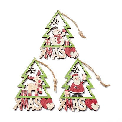 Christmas Wooden Pendant Decorations, with Jute Rope, Christmas Trees with Snowman/Deer/Santa Claus