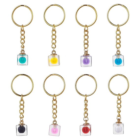 8 Pcs Cube Transparent Plastic Pendants Keychains, with Iron Split Key Rings