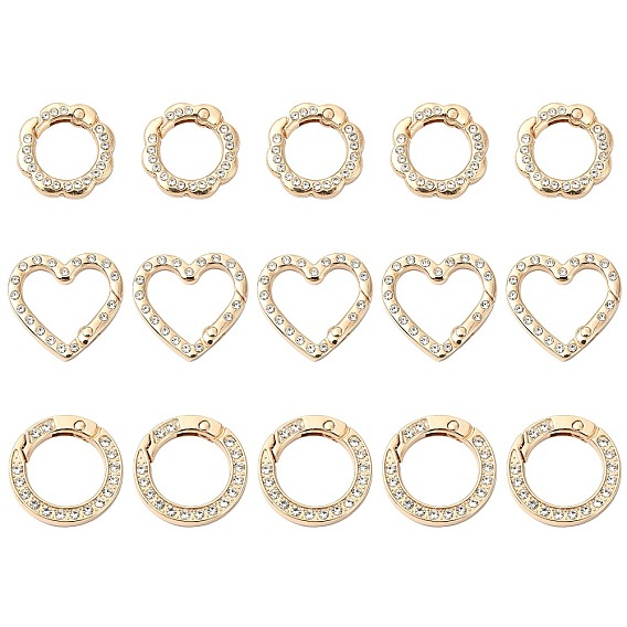 15 шт 3 стили пружинные кольца из цинкового сплава, с акриловыми стразами