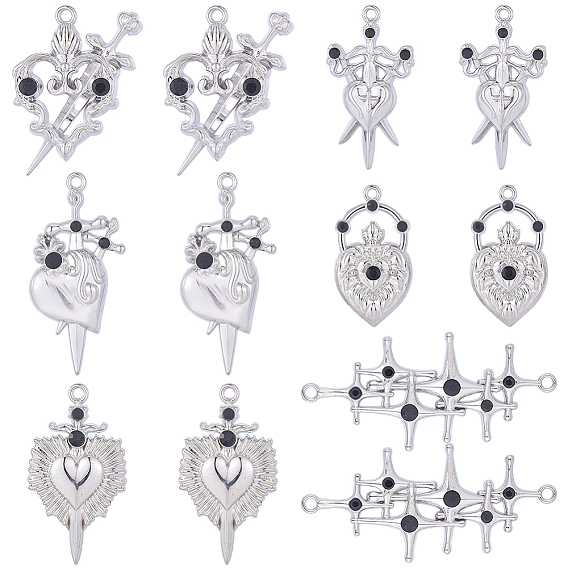 24шт 6 стили подвески со стразами из сплава, ссылки на крестиковые сердца, разнообразные