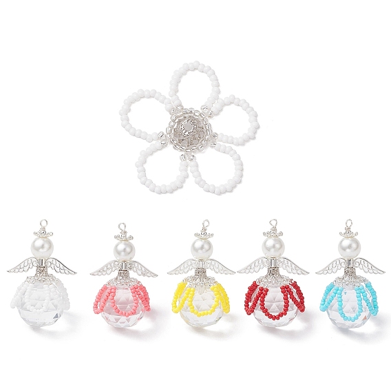 2шт 2 стили стеклянные бусины подвески, цветок и ангел, с крылом из сплава и стеклянными круглыми бусинами из жемчуга, окрашенными в технике выпекания
