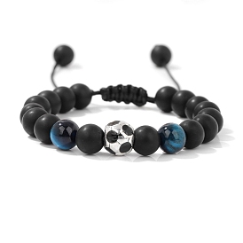 Adjustable Gemstone & Frosted Natural Gemstone & Metal Enamel Braided Bead Bracelets for Men, Football