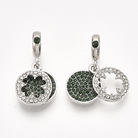 Alloy European Dangle Charms, with Rhinestone, Large Hole Pendants, Flat Round with Clover, Emerald & Crystal