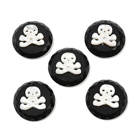 Натуральный черный оникс (окрашенный и нагретый) с подвесками из натуральных белых ракушек, граненый плоский круг с подвесками в виде черепа