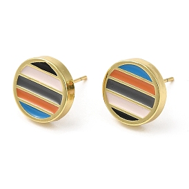 Rack Plating Brass Flat Round Stud Earrings with Enamel, Lead Free & Cadmium Free