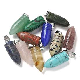 Gemstone Pointed Pendants, Bullet Shaped Charms with 201 Stainless Steel Snap on Bails, Stainless Steel Color