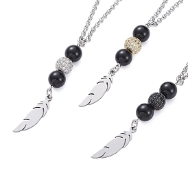 Pendant Necklaces, with Brass Cubic Zirconia Beads, Natural Dyed & Heated Black Agate Beads, 304 Stainless Steel Rolo Chains and Lobster Claw Clasps, Feather