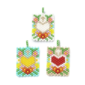 Handmade Japanese Seed Loom Pattern Seed Beads, Rectangle with Heart Pendants