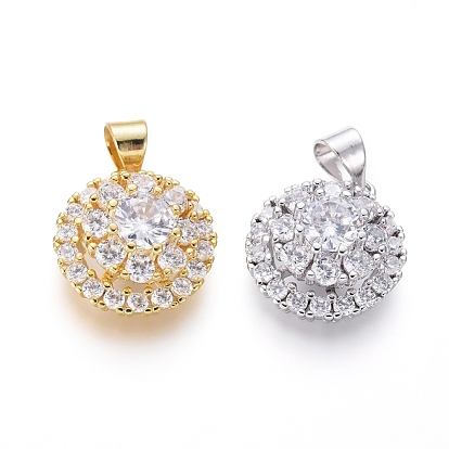 Brass Micro Pave Cubic Zirconia Pendants, Flat Round with Flower, Clear