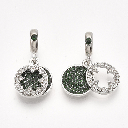 Alloy European Dangle Charms, with Rhinestone, Large Hole Pendants, Flat Round with Clover, Emerald & Crystal