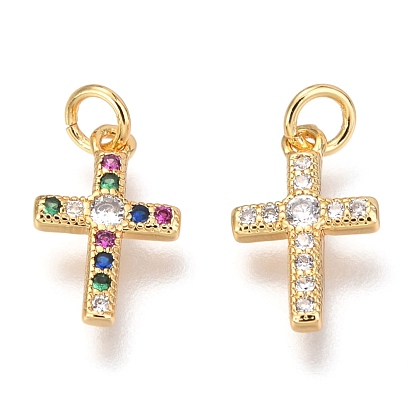 Brass Micro Pave Cubic Zirconia Pendants, Cross with Jump Rings
