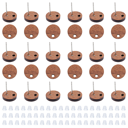 30шт. фурнитура для сережек-гвоздиков из орехового дерева, с 304 штифтом из нержавеющей стали и 60 пластиковыми ушными гайками, плоско-круглые