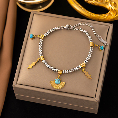 Synthetic Turquoise Fan & Lighting Bolt Charm Bracelet with Beaded Chains, Titanium Steel Bracelet