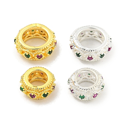Покрытие стойки латунь микро паве разноцветные европейские бусины с кубическим цирконием, бусины с большим отверстием, долговечный, без свинца и без кадмия, рондель