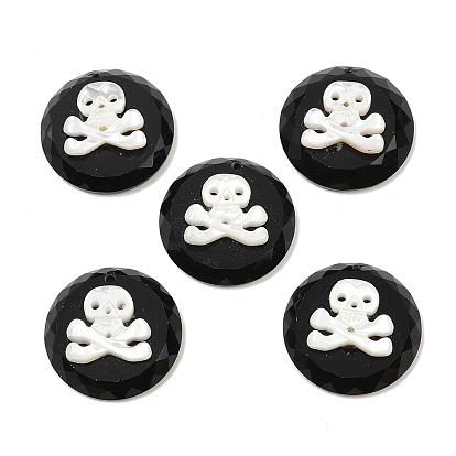 Натуральный черный оникс (окрашенный и нагретый) с подвесками из натуральных белых ракушек, граненый плоский круг с подвесками в виде черепа