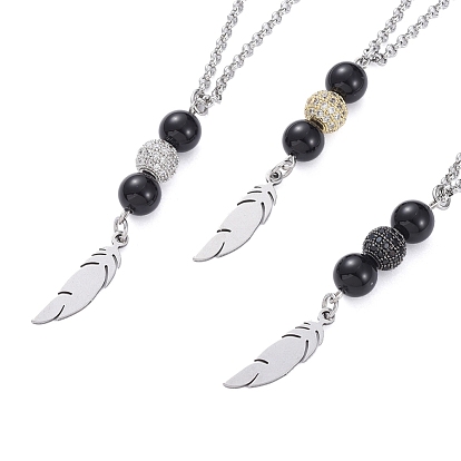 Pendant Necklaces, with Brass Cubic Zirconia Beads, Natural Dyed & Heated Black Agate Beads, 304 Stainless Steel Rolo Chains and Lobster Claw Clasps, Feather