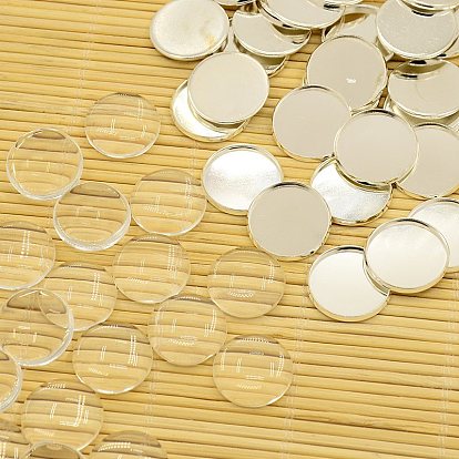 Brass Cabochons Settings and Flat Round Transparent Clear Glass Cabochons, Tray: 18mm, Glass: 18x4mm