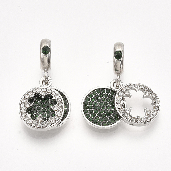 Alloy European Dangle Charms, with Rhinestone, Large Hole Pendants, Flat Round with Clover, Emerald & Crystal