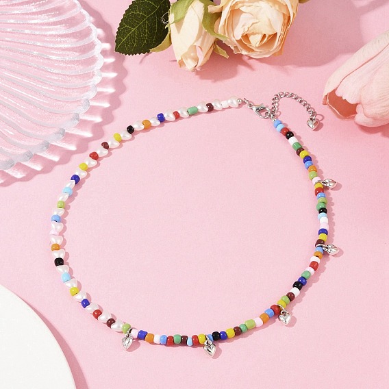 Ожерелья из круглого стеклянного бисера в стиле бохо с подвесками в виде сердечек из сплава античного серебряного тона