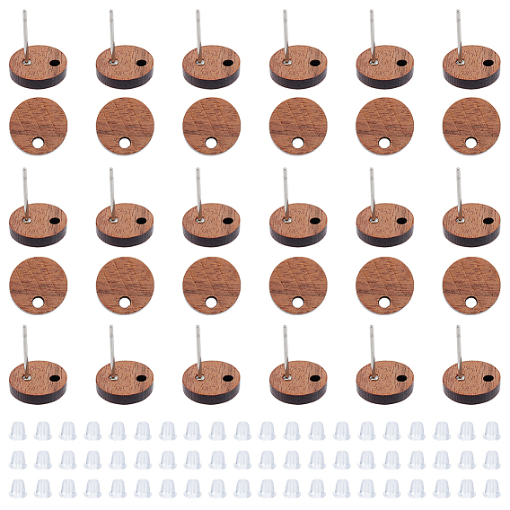 30шт. фурнитура для сережек-гвоздиков из орехового дерева, с 304 штифтом из нержавеющей стали и 60 пластиковыми ушными гайками, плоско-круглые