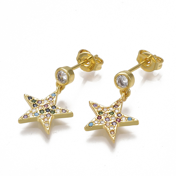 Brass Micro Pave Cubic Zirconia(Random Mixed Color) Dangle Ear Studs, with Ear Nuts