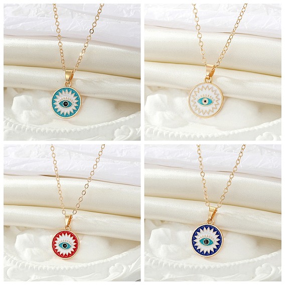 Alloy Enamel Flat Round with Evil Eye Pendant Necklace, Golden Iron Jewelry for Women