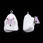 Halloween Opaque Resin Enamel Pendants, with Platinum Plated Brass Loops and Pink Cubic Zirconia, Ghost Charm with Heart