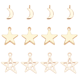 BENECREAT 36Pcs 3 Style Brass Pendants, Loops, Star & Moon & Hollow Star