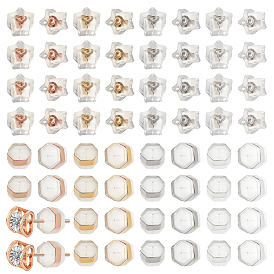 CHGCRAFT 64Pcs 8 Styles Silicone Ear Nuts, Earring Backs, with Brass Findings, Star & Hexagon, Clear