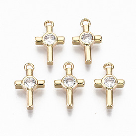 Brass Micro Pave Cubic Zirconia Tiny Cross Charms, Light Gold, Long-Lasting Plated, Cadmium Free & Lead Free
