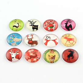 Half Round/Dome Christmas Reindeer/Stag Pattern Glass Flatback Cabochons for DIY Projects