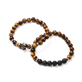 Skull Beads Stretch Bracelets Set for Men Women, Natural Tiger Eye &  Natural Lava Rock Beads Bracelets