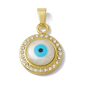 304 Stainless Steel Pendants, with Crystal Rhinestone and Resin Shell, Flat Round with Evil Eye