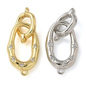 Rack Plating Brass Micro Pave Clear Cubic Zirconia Fold Over Clasps, Long-Lasting Plated, Lead Free & Cadmium Free, Oval